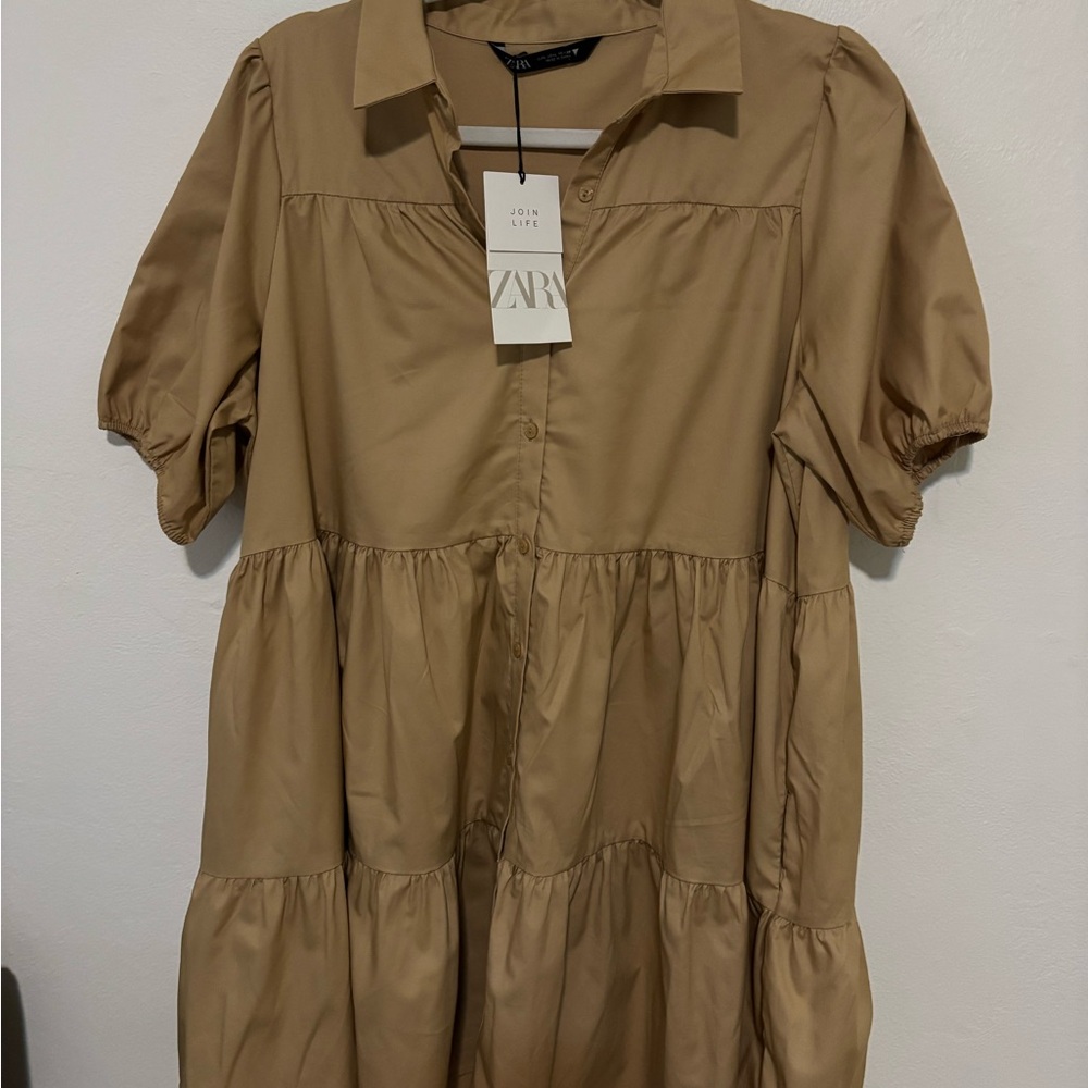 Zara Beige Button-Up Midi Dress